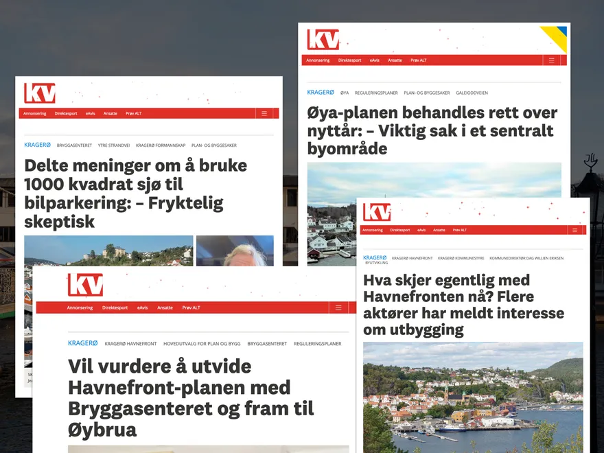 Skjermdumper av saker i lokalavisa om betente planer og tomter.
